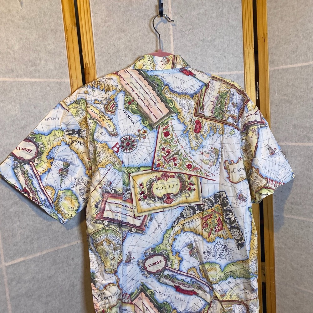 Lizwear Mens Vintage World Map Print Button Down Shirt Short Sleeve Cotton Med - Picture 12 of 13
